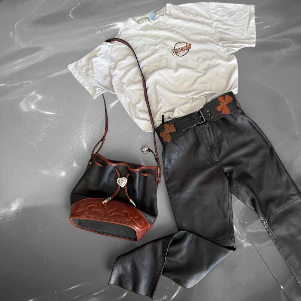 Vintage Brighton black brown heart and flame western leather bucket bag